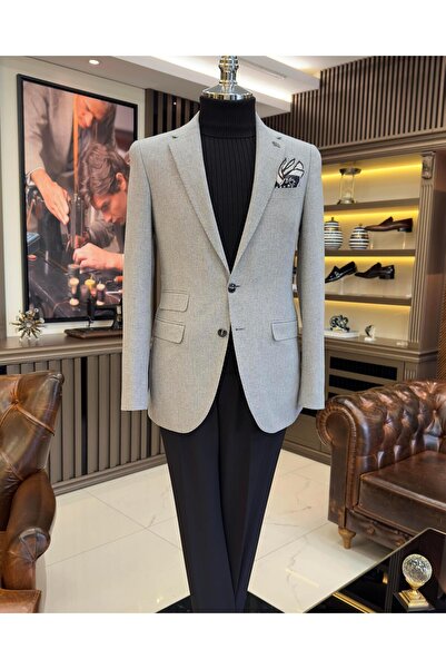 TerziAdemAltun سترة رجالية على الطراز الإيطالي بقصة ضيقة 8 رقبة أحادية باللون الرمادي T10985