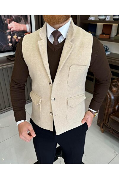 TerziAdemAltun Ιταλικό στυλ slim fit καρφίτσα γιακάς καρφίτσα γιλέκο μπεζ T10540