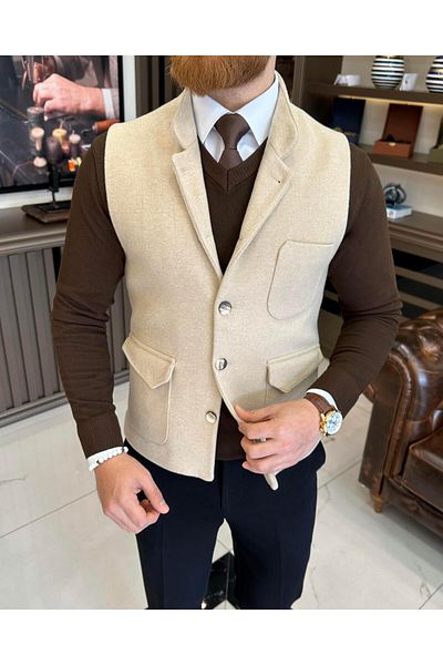 TerziAdemAltun Italian style slim fit prevailing collar stamped pocket vest beige T10540