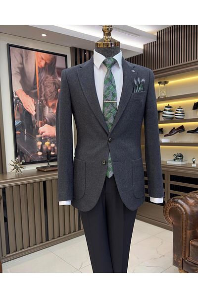 TerziAdemAltun Italian style slim fit mono collar stamped men's jacket green T10923