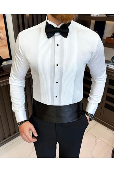 TerziAdemAltun Italian style slim fit horse collar pleated men's shirt white T11603