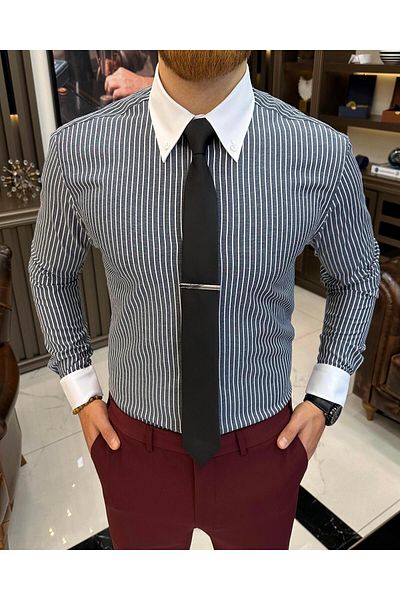 TerziAdemAltun Italian style striped button collar lycra men's shirt navy blue T11141