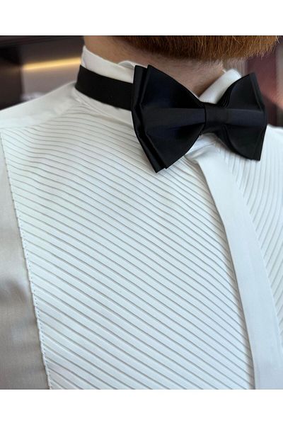 TerziAdemAltun Italian style slim fit horse collar pleated men's shirt white T11602