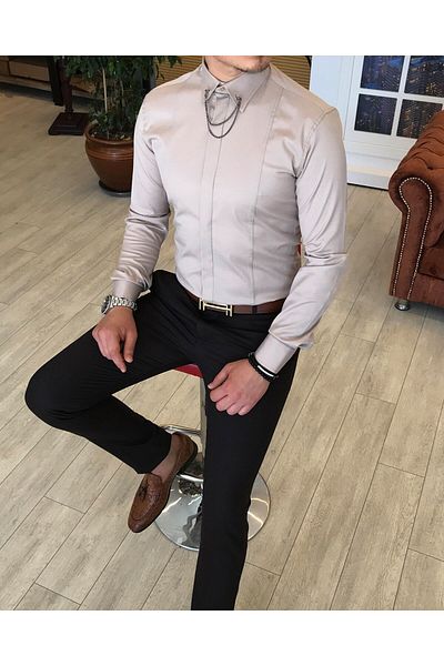 TerziAdemAltun Men's Satin Beige Chain Italian Cut Shirt - T4095