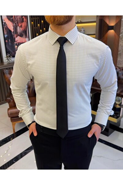 TerziAdemAltun Βαμβακερό ανδρικό πουκάμισο μπεζ με καρό γιακά ιταλικού στυλ T11151