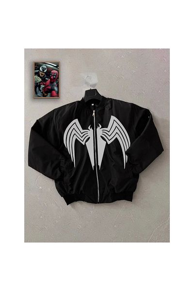 SMG Full Zippered Long Sleeve Printed Bomber Jacket - Black