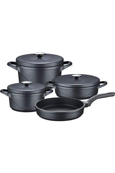 OMS 3555 - Wave - 7 Pieces, Biogranite Cast, Non-Stick Pot Pan Set Anthracite Body, Platinum Detail