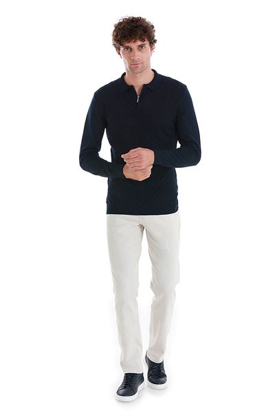 Hatemoğlu Navy Blue Regular Fit Jacquard Polo Collar Wool Knitwear Sweater