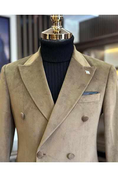 TerziAdemAltun Italian style velvet double-breasted men's single jacket brown T11032