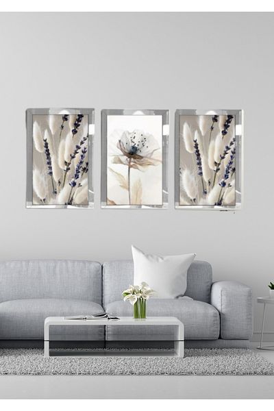 NT Handmade Set de picturi din 3 piese cu flori albe moderne cu cadru din plexiglas