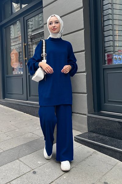 Maystore Balloon Sleeve Steel Knitted Knitwear Tunic Trousers Set