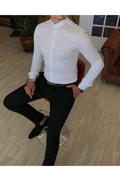 TerziAdemAltun Ανδρικό πουκάμισο με μικρό πέτο ιταλικής εφαρμογής slim fit Λευκό T4800