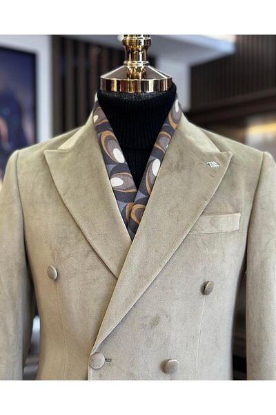 TerziAdemAltun Italian style velvet double-breasted men's single jacket Beige T11029