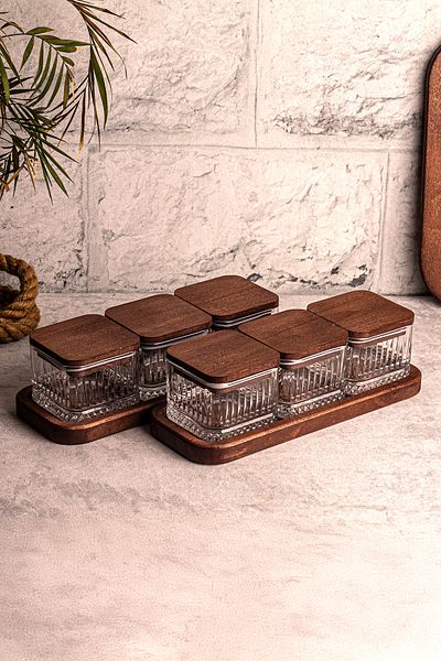 Snippy Bella Square 8-Piece Tray Wooden Vacuumed Glass Breakfast Multi-Purpose Glass Snack Bowl with Lid 230ml