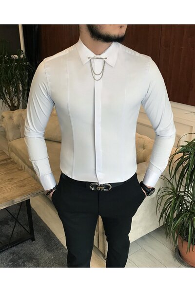 TerziAdemAltun Italian Cut Slim Men's Satin Ice Blue Shirt with Chain T6792