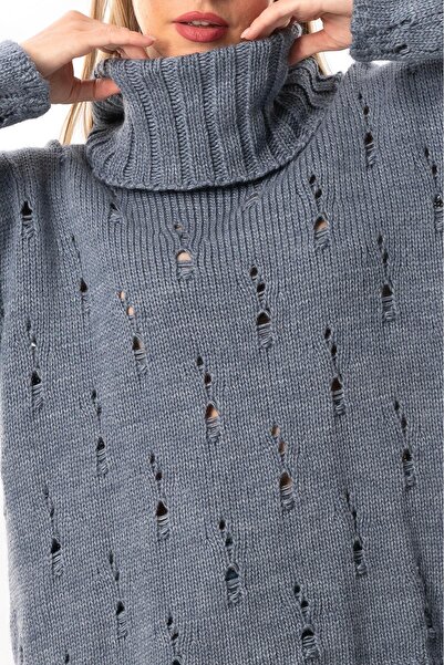 Eliş Şile Bezi Indigo Knitwear Blouse for Autumn and Winter - Wide Neck, Long Sleeve