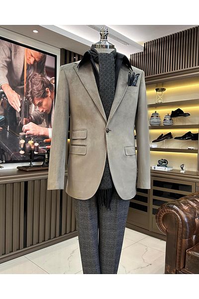TerziAdemAltun Italian style mono collar velvet men's single jacket mink T11047