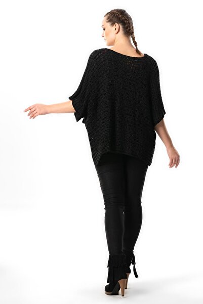 Eliş Şile Bezi Yarasa Kol Sanem V Yaka Sonbahar ve Kışlık Salaş Triko Bluz Siyah Syh