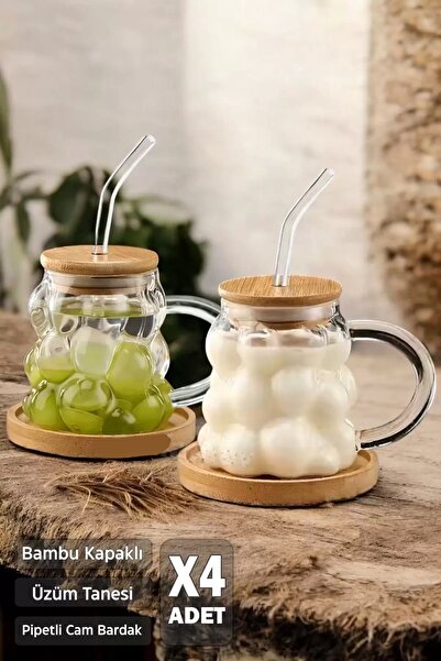 Berdina Home 4-Piece Bamboo Lid Grape Grain Bead Cup 350ml Heat Resistant Glass with Straw Coffee Presentation Cup