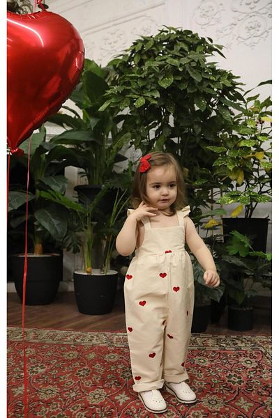 miabambim Beige Girl's Jumpsuit - Raw Linen and Heart Embroidery