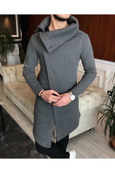 TerziAdemAltun Italian Style Seasonal Collar Buttoned Poncho Gray T6468