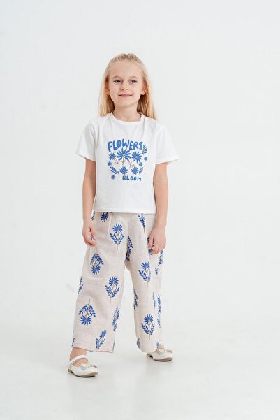 miabambim Син ленен комплект за момиче - Панталон с бродерия на цветя