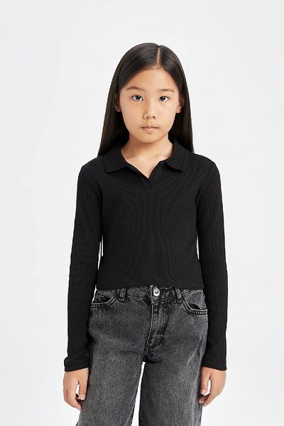 DeFacto Girl's Krop Fit Polo, Solid Ribbed Camisole Long Sleeve T-Shirt D3367A824Au