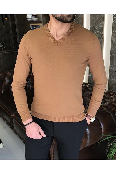 TerziAdemAltun Italian Style Slim Fit Men's V-Neck Knitwear Sweater Camel T8734