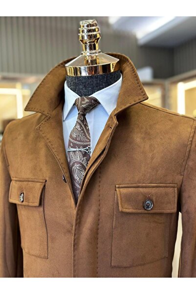 TerziAdemAltun Ανδρικά παλτό σουέτ με λαιμόκοψη πόλο σε ιταλικό στυλ slim fit T10814