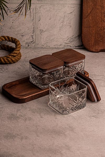 Snippy Milla Square 4 Piece Tray Wooden Vacuumed Glass Breakfast Multi-Purpose Glass Snack Bowl with Lid 230ml