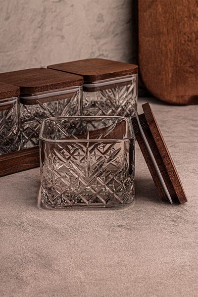 Snippy Milla Square 5 Piece Tray Wooden Vacuumed Glass Breakfast Multi-Purpose Glass Snack Bowl with Lid 230ml