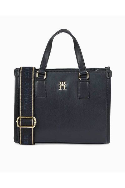 Tommy Hilfiger Women's Leather Brand Logo Zippered Daily Use Navy Blue Shoulder Bag AW0AW15977-DW6