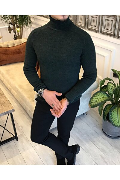 TerziAdemAltun Ανδρικό πλεκτό πουλόβερ με ζιβάγκο ιταλικού στυλ εφαρμοστό Πράσινο T5040