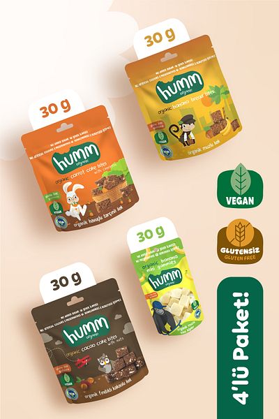 Humm Organic 4 Pieces (4 Types) Organic Gluten-Free Vegan Fruit Cube and Cake Snack Package