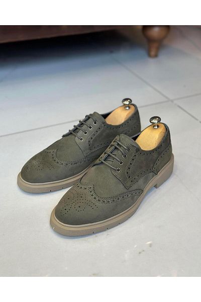 TerziAdemAltun Khaki Men's Shoes - Italian Style, Natural Leather, Nubuck T11201