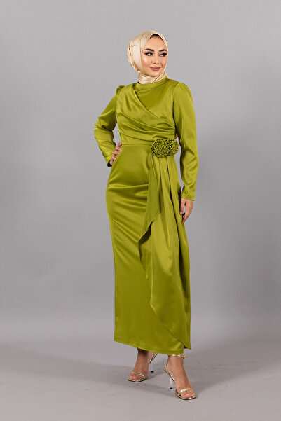 Stilife Elena Gül Broş Detay Saten Abiye Yağ Yeşili