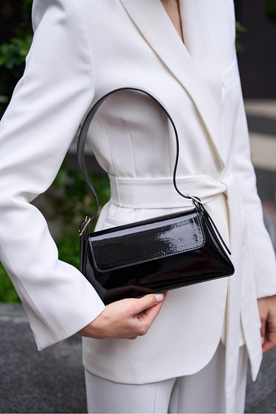 Madamra Black Shiny Patent Leather Women's Alba Simple Design Women's Shoulder Bag with Cover -