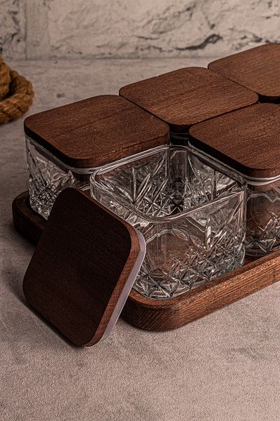 Snippy Milla 6-Piece Wooden Vacuumed Glass Breakfast Snack Bowl - Rectangular Tray, 230 ml