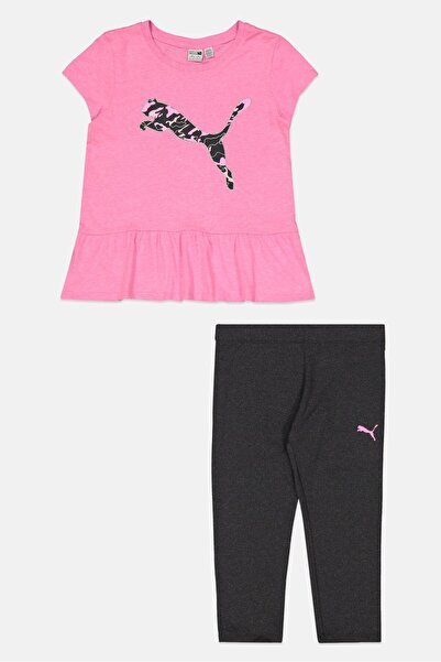 Puma Kids Girl 2 Pieces Brand Logo Top And Leggings Set, Pink/Black