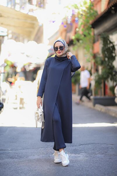 NS Moda Hijab Turtleneck Tunic Trousers Set Navy Blue Model-487