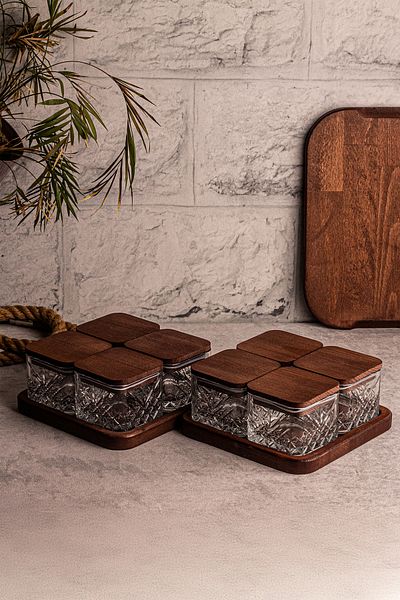 Snippy Milla Square 8-Piece - Wooden Vacuumed Breakfast Glass Snack Bowl with Lid 230 ml
