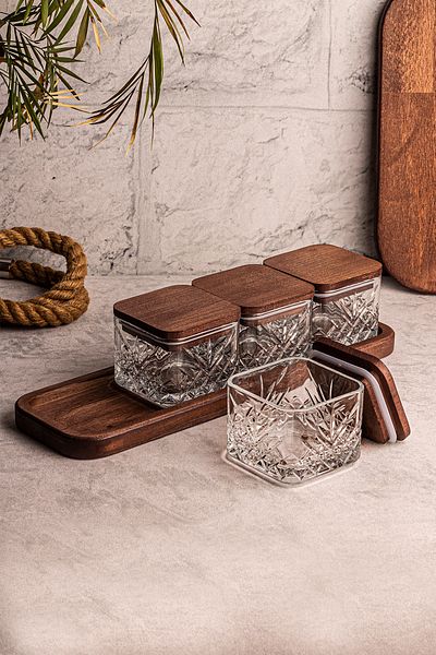 Snippy Milla Square 5 Piece Tray Wooden Vacuumed Glass Breakfast Multi-Purpose Glass Snack Bowl with Lid 230ml