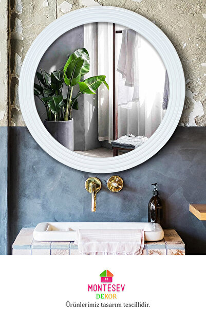 MONTESEV Zümrüt Beyaz Dekoratif Ayna Yuvarlak Ayna Işlemeli Ahşap Banyo Aynas...