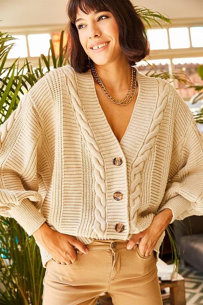 IŞILDA FASHION Women's Beige Knitted Patterned Cardigan