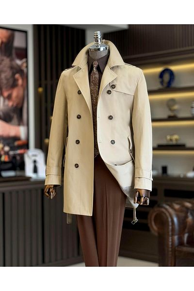 TerziAdemAltun Trenci sezonier pentru bărbați, de culoare bej, slim fit, în stil italian - T11871