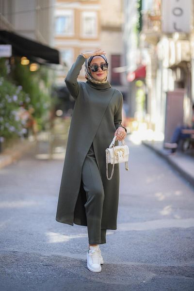 NS Moda Hijab Turtleneck Tunic Trousers Set Khaki Model-487