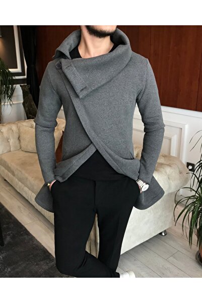 TerziAdemAltun Πόντσο με κουμπιά με γιακά ιταλικού στυλ m ελαφρύ γκρι T6468