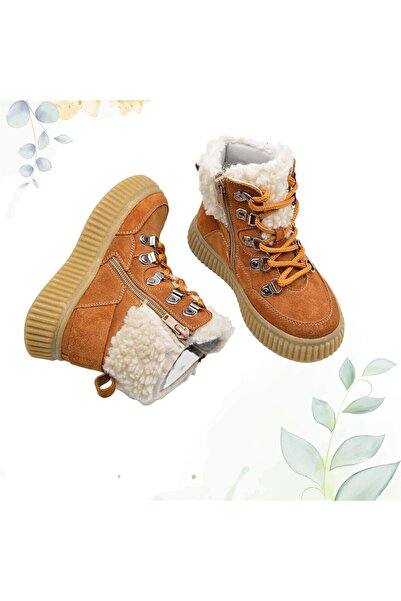 kids A more Carmen Peluş Kürk Yaka Detaylı Bağcıklı Ve Fermuarlı Deri Kız Çocuk Bot Tarçın