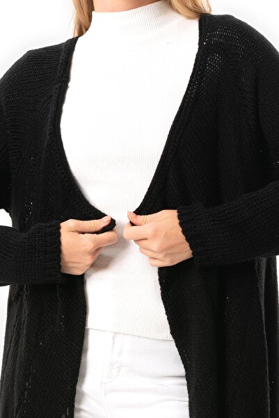 Eliş Şile Bezi Autumn and Winter Black Knitwear Cardigan - Long Sleeve, Shiny Button Detail and Fringe