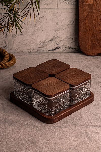 Snippy Milla Square Set of 4 - Wooden Vacuumed Lid, Glass Breakfast, Multi-Purpose Snack Bowl 230 ml